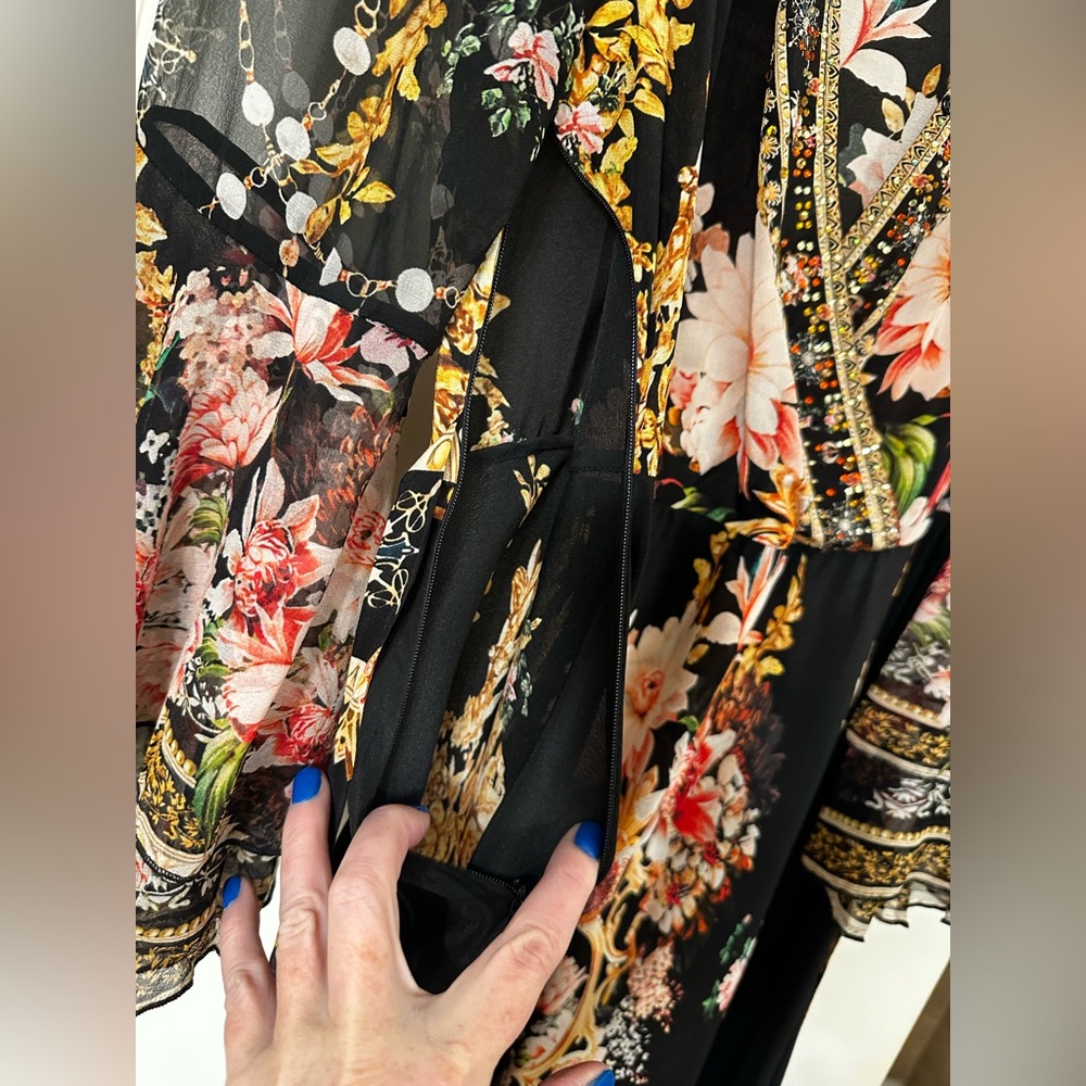 Chic Black Floral Long Sleeve Silk Dress - Picture 11 of 15